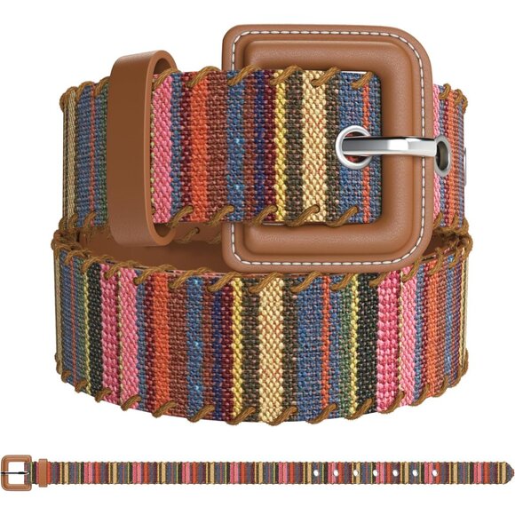 Accessories - Womens Woven Multicolor Belt Brown Vegan Leather Adjustable for Casual Wear